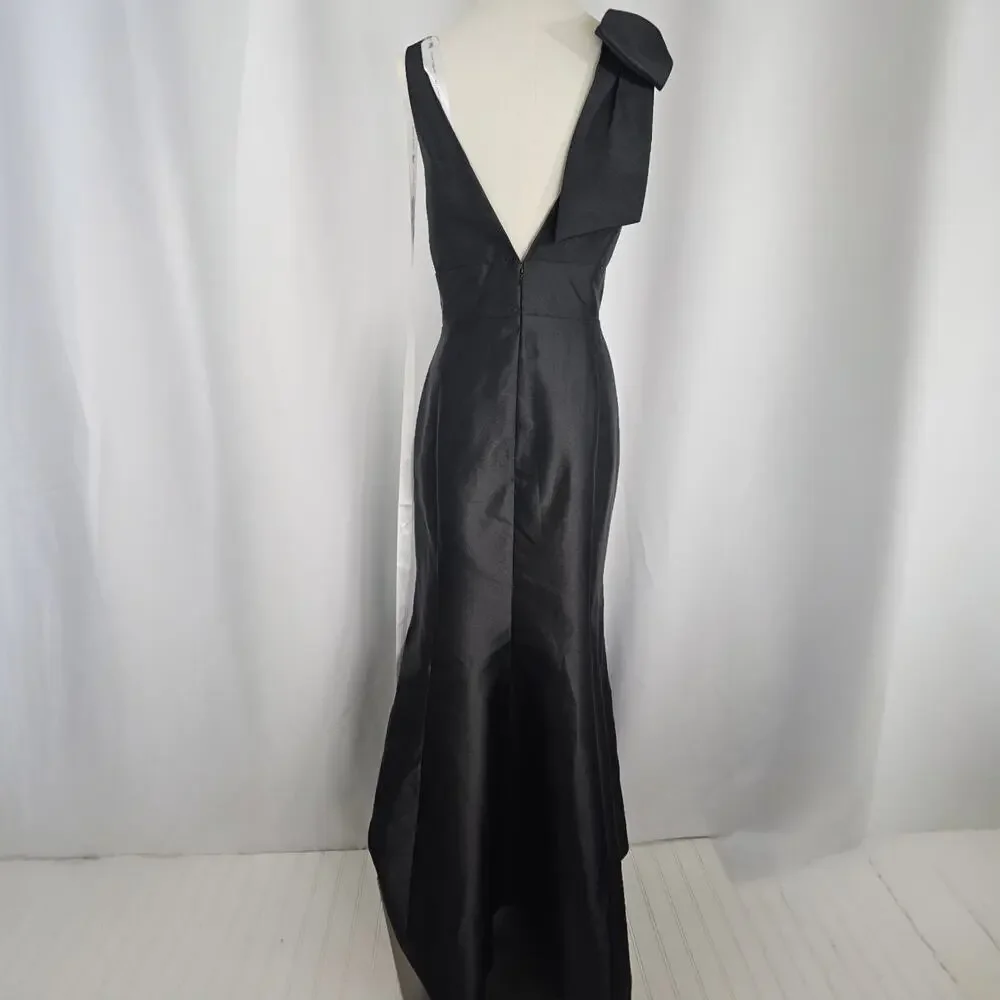 Alfred Sung Black Satin Shoulder Bow Trumpet Formal Dress Women's Size 16R NWT - Picture 8 of 16